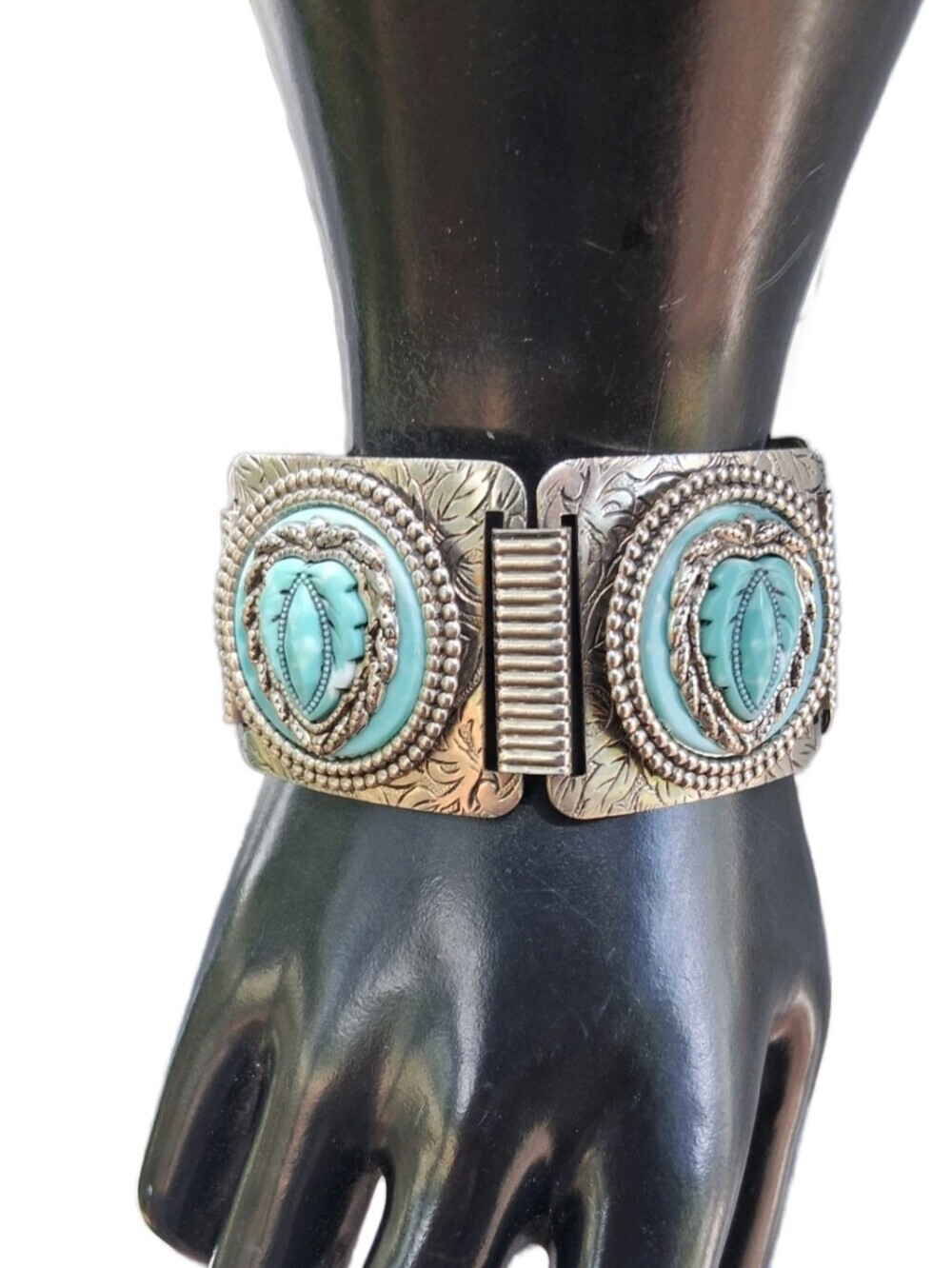 VTG Western Silvertone Turquoise Faux Carved Jade Matrix Panels Bracelet